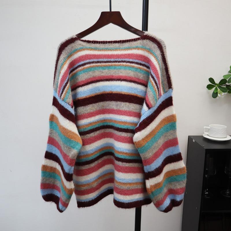 Color striped knitted cardigan autumn and winter new loose and thin lazy style soft waxy sweater jacket women