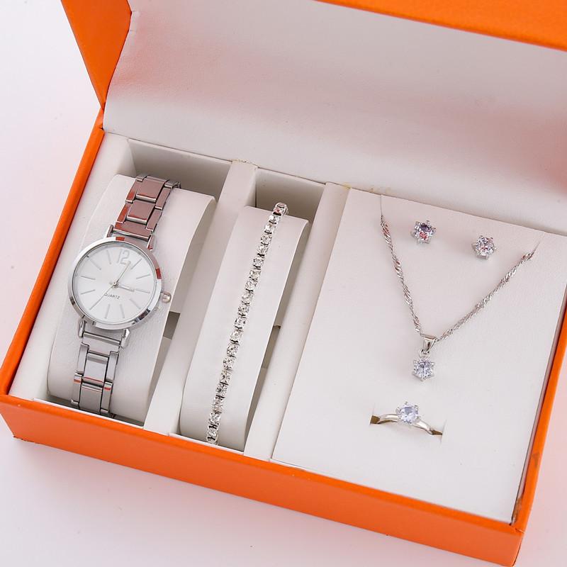 5Pcs/Set High Fashion Diamond-Encrusted Women'S Watch Small Fresh Retro Simple Watch Women'S Bracelet Set