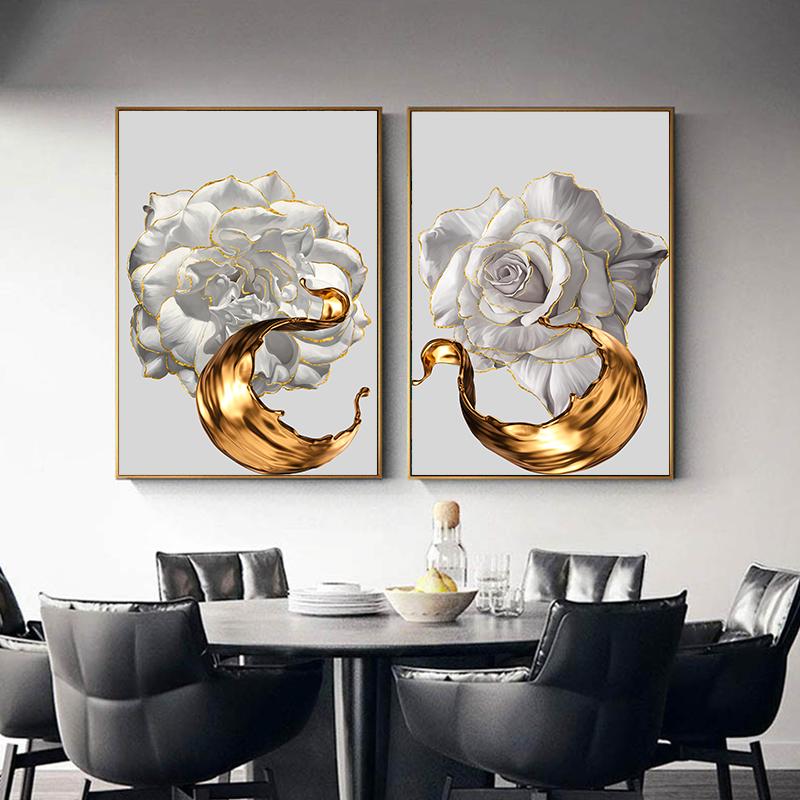 White Rose Flower Golden Ink Splash Abstract Poster Nordic Art Plant Canvas Painting Modern Wall Picture for Living Room Decor