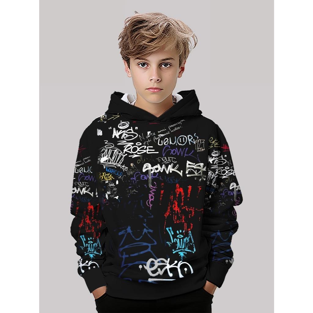 3D digital printing street graffiti style letter pattern hooded sweatshirt fashion trend casual children's clothing