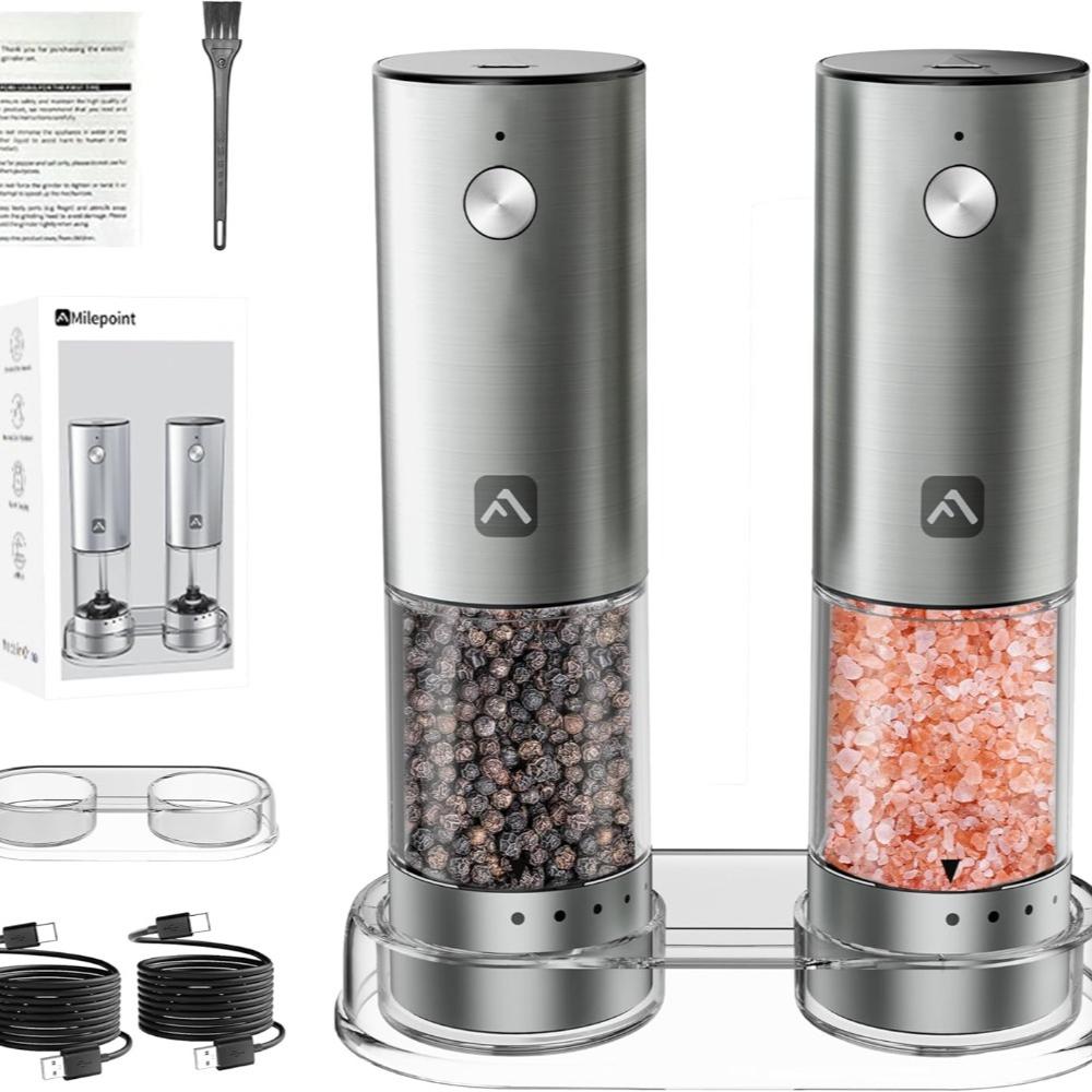 Zaktualizowany Elektryczny Zestaw Młynków do Soli i Pieprzu z Możliwością Ładowania USB-C | Duża Pojemność 95ml | 6 Regulowanych Stopni Grubość Mielenia | Stal Nierdzewna Sól Różowa