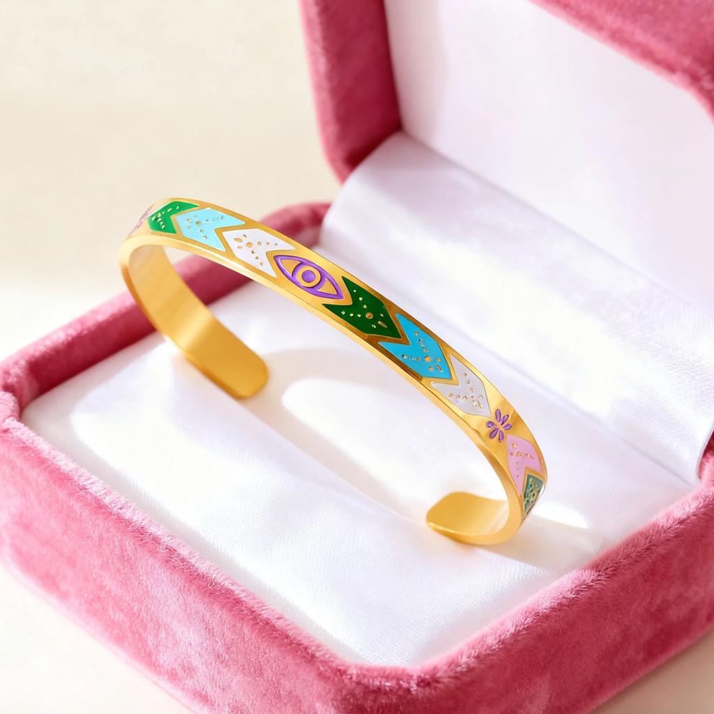 Exaggerated Colorful Painted Eye Pattern Bracelet for Women Unique Drip Paint Stainless Steel Bangle Friendship Jewelry Gifts