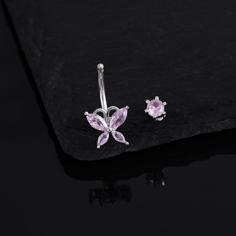 Cute Pink Butterfly Zircon Belly Button Rings Fashion Y2K Style Navel Piercing Jewelry for Girls Dating Wear