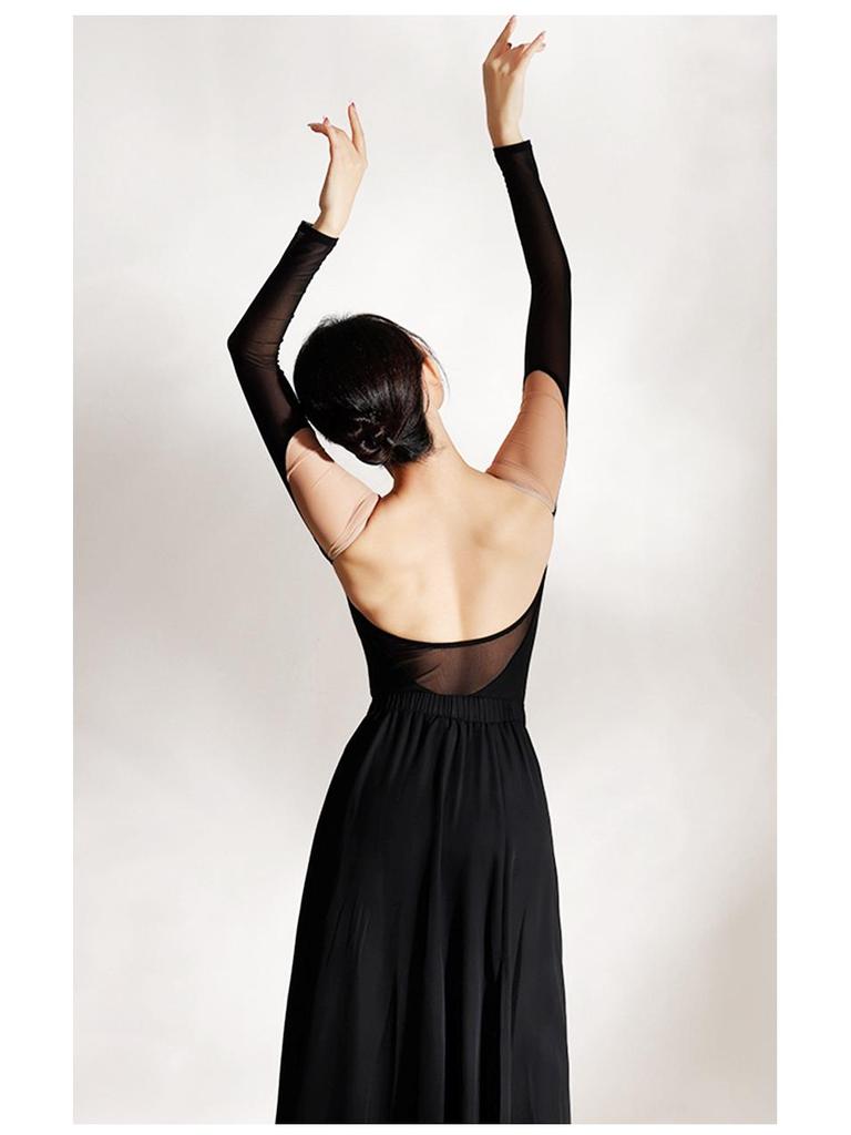 Falling Leaves Light Dance Mesh Splice Costume: Classical Black Camellia Body Shaping Suit