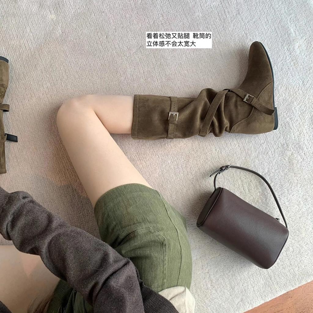 [Factory Spot~~] Retro Pile Western Cowboy Boots Round Head Buckle Soft Folds Skinny Medium Boots Women
