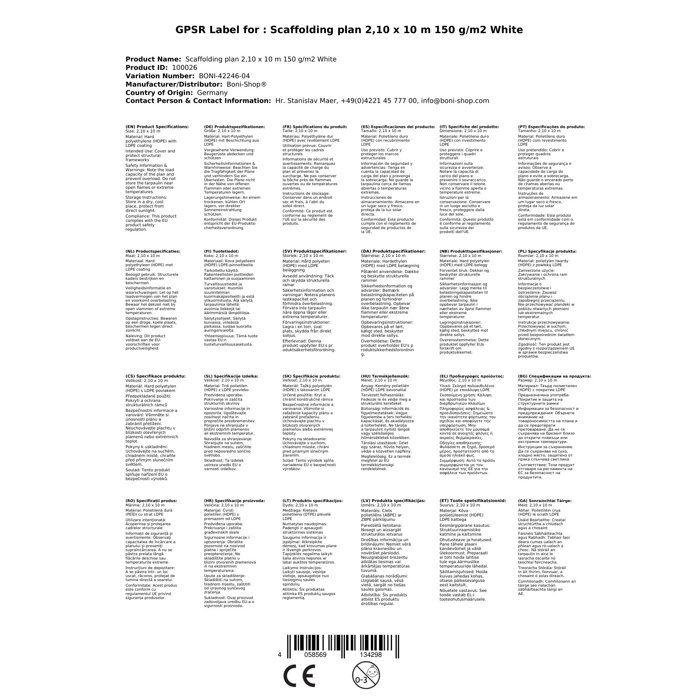 Bâche de chantier 2,10 x 10 m, 150 g/m², blanc - Protection Imperméable et Résistante