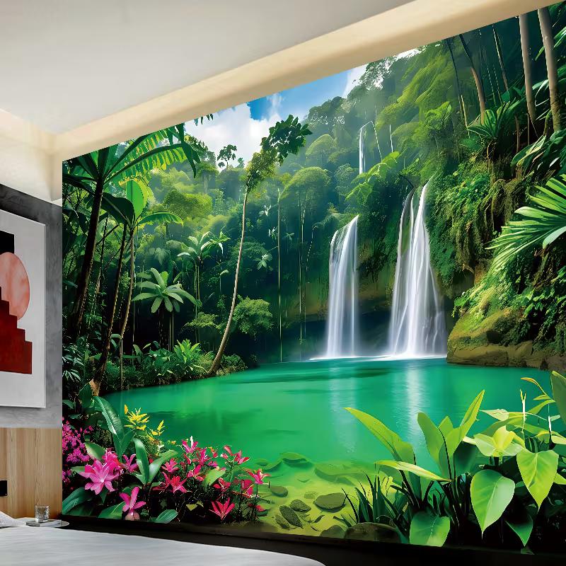 2D Turquoise Pool Waterfall Tapestry Lush Rainforest Photography Background