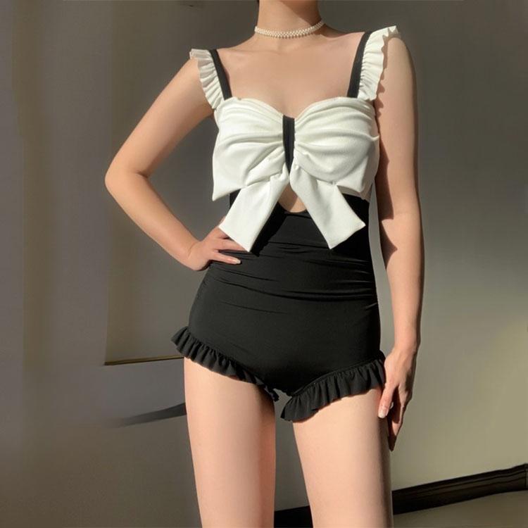 Bow Swimming Suit Women's Spa One-piece Swimwear South Korea Ins Obscure Belly Showing Thin Halter Sexy Beachwear