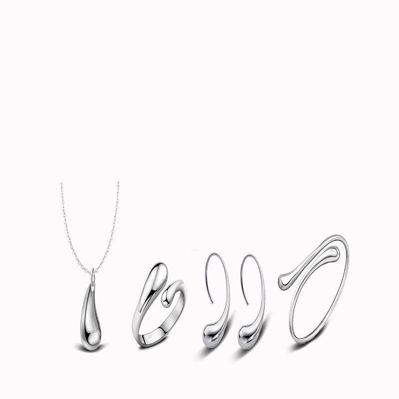 Retro Silver Jewelry Set: Water Drop Earrings, Bracelet, Necklace, Ring, and Oval Earrings for Women