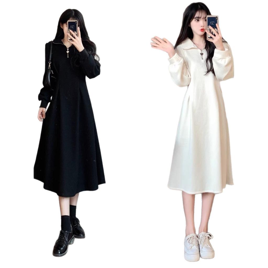 Premium Black Half-zipper Sweater Dress Women's Autumn and Winter Large Size Fat Mm Thin European Temperament Backing Skirt