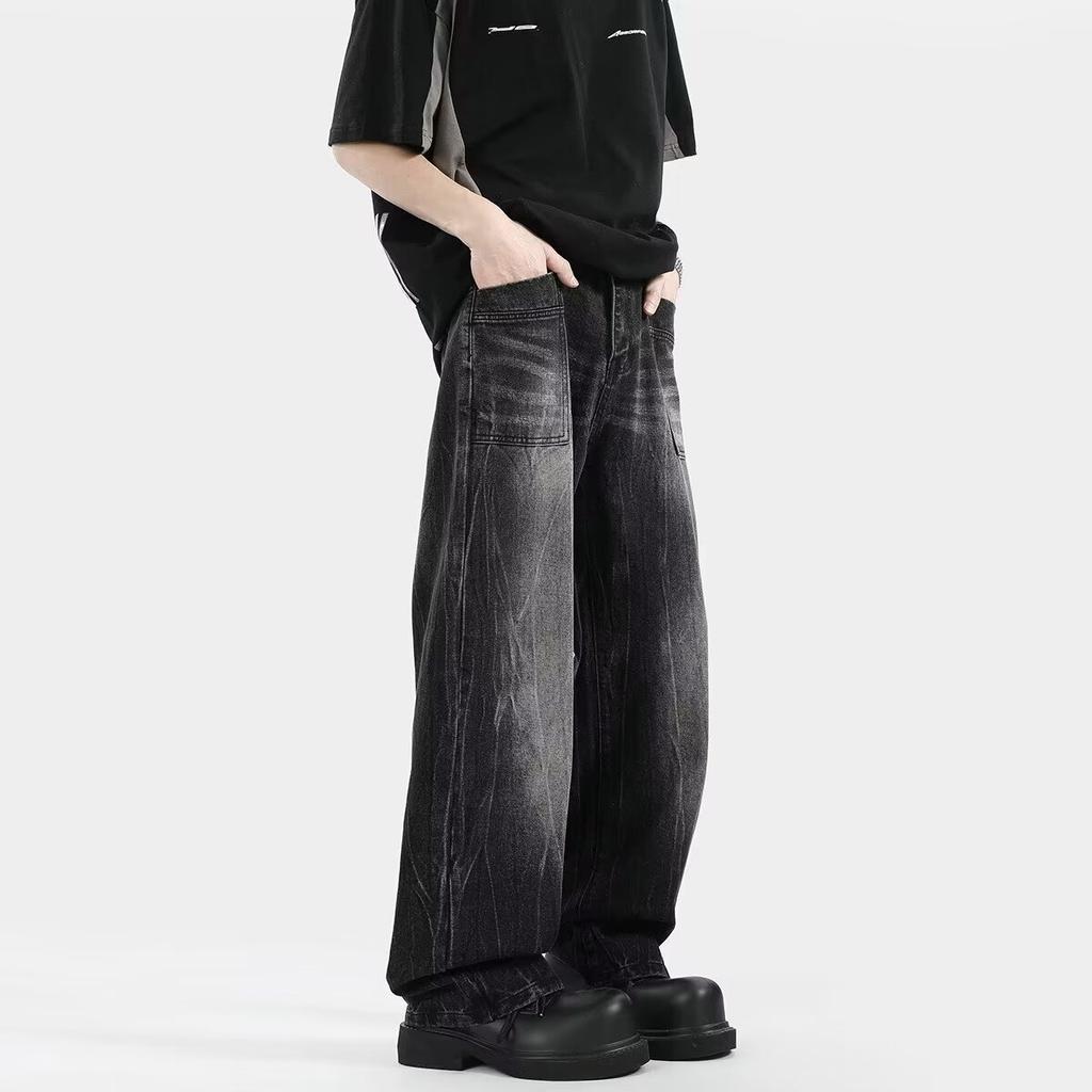Black denim wide-leg pants men's American retro washed old straight loose jeans trendy versatile casual pants
