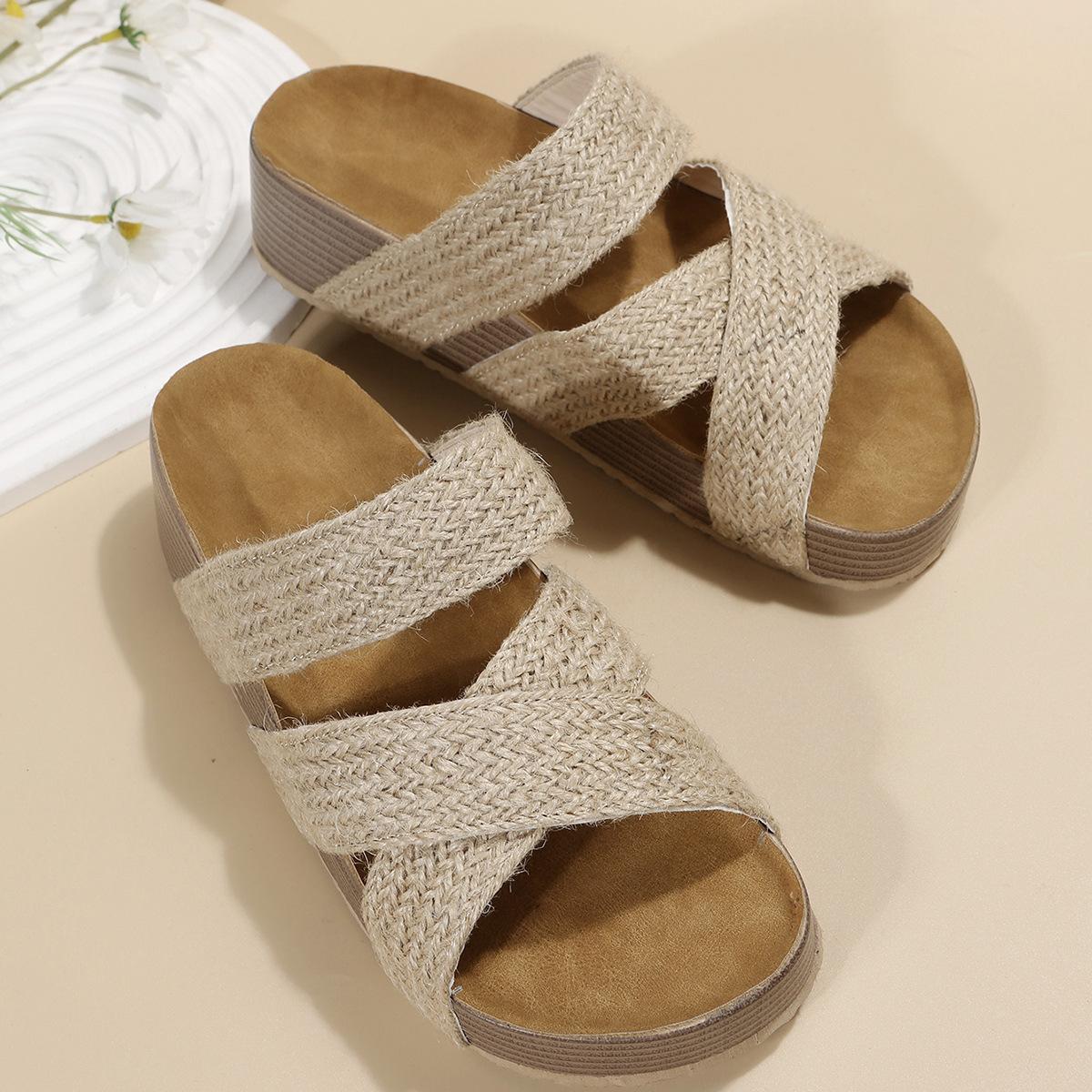 

Large size casual sandals women s summer new thick-soled one-word strap cross-woven sandals 35 бежевий