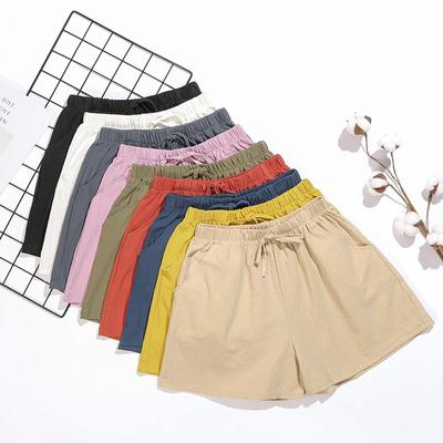 Pantalones cortos de algodón y lino para mujer, de verano, estilo deportivo, de corte A, con pierna ancha, cintura elástica, holgados, elegantes, informales, con cordón, 972