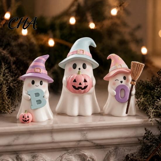 Unique Halloween Holiday Gifts 3Pcs Pink Ghost Figurines, Cute Spooky Resin Desk Decor with Pumpkin Boo Letter Ornaments BOO Letter, Sweet Tabletop