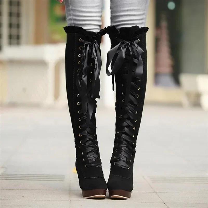 Fashion Women's High Boots Autumn Winter Sexy Lace Up Knee-high Boot Female Shoes Boots Women High Heels Leather Woman Boot