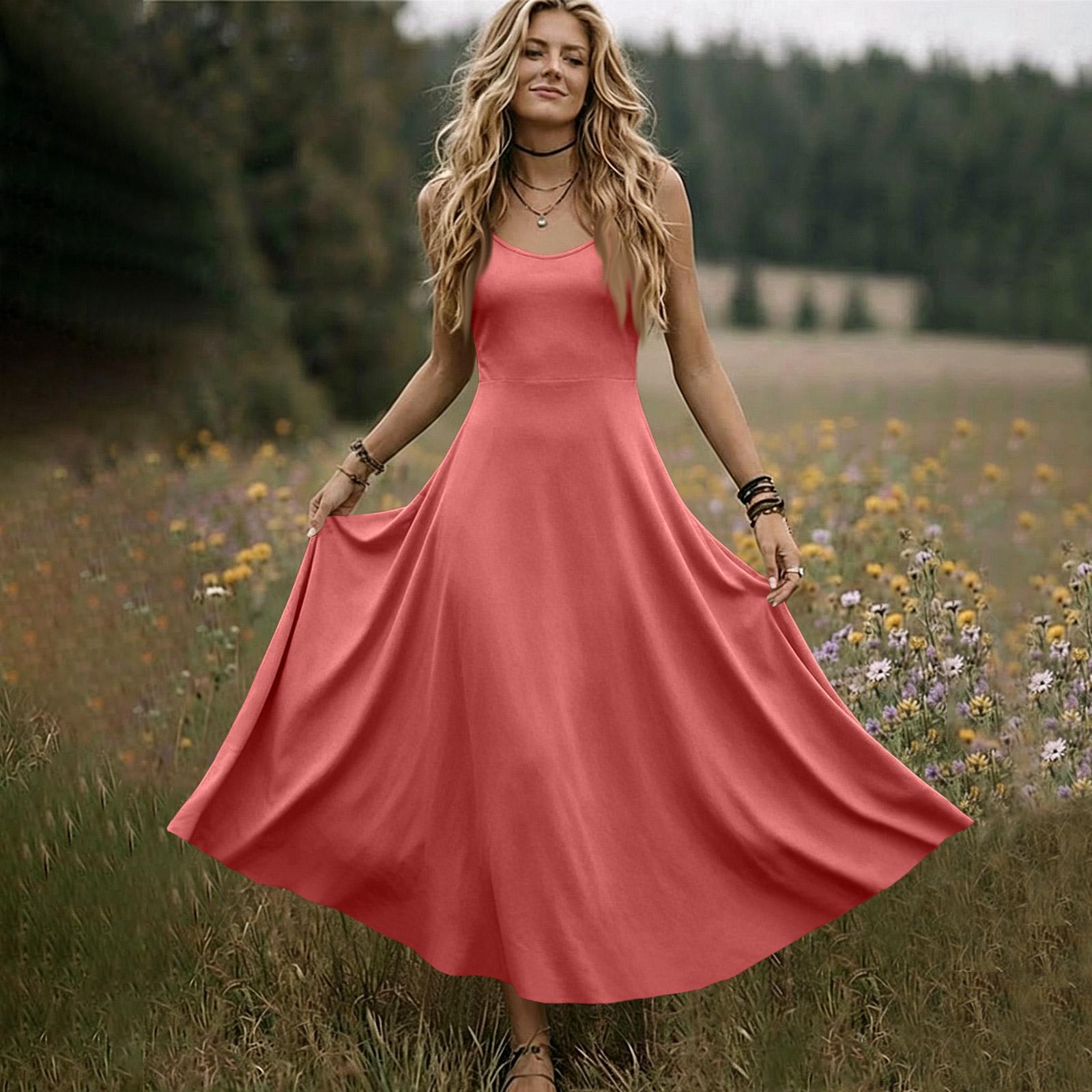 

Women V Neck Sleeveless Long Dress Summer Spaghetti Strap Casual Loose Fit Maxi Dress Solid A Line Sundress S Кіновар