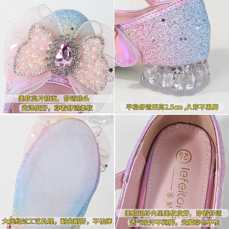 2026Nuove scarpe da principessa per bambina con fiocchi di paillettes e cristalli, scarpe da spettacolo per bambine, tacchi alti a suola morbida