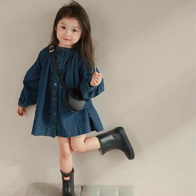 Meisjes Gewassen Denim Jurk met Opstaande Kraag - Enkelrijige Rok voor Lente & Herfst