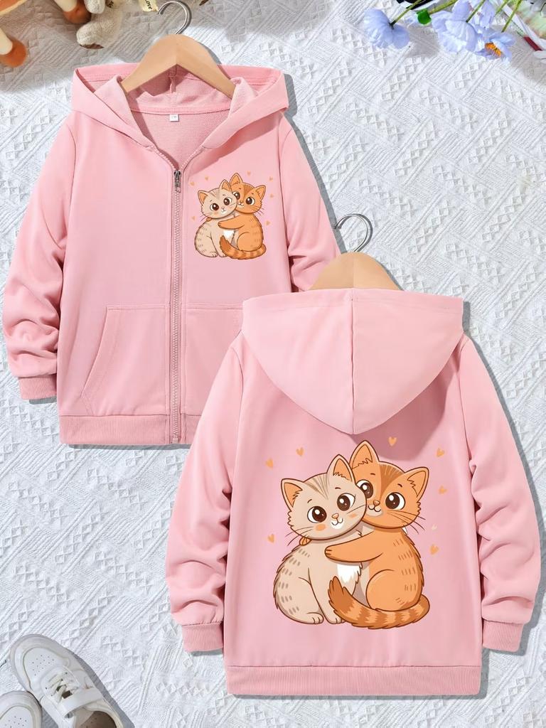 Sweatshirts Warm Cartoon Cat Kawaii Hoodie Casual Unisex Kids Boys Girls Zipper Jacket Winter Autumn Cute Cartoon Zip Up