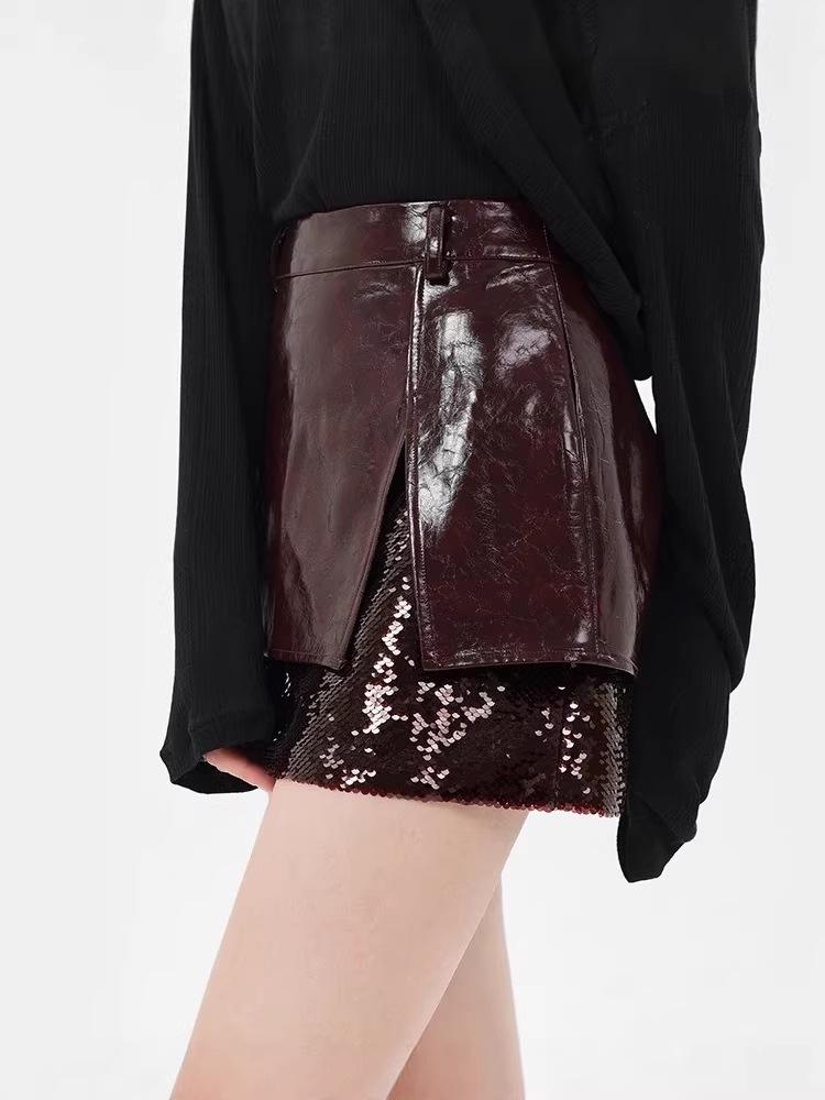 Niche Design Sequin A-line Wine Red Leather Skirt 2026: Women's Slimming Spring/Summer Fashion