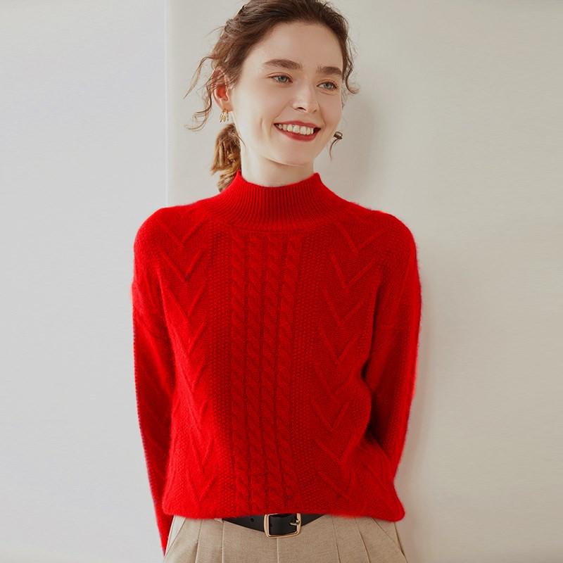 Women's Cashmere Cable Knit Sweater - Half-High Collar, Thick, Loose Fit, Solid Color, Perfect for Autumn/Winter
