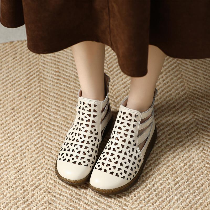 Fashion GKTINOO Large Size 2025 Genuine Leather Summer Sandals Breathable Hollow Boots Flat Soft Non-slip Comfortable Sandalias De Mujer