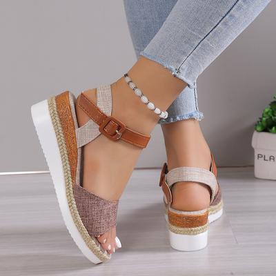 Fashion Wedge Sandals Women 2024 Summer Round Head with Buckle Medium Heel Non-slip Design Shoes for Women Light Comfort Casual Sandals