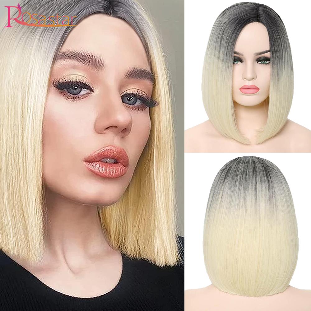 Synthetische kurze Ombre-Perücke von dunkler Wurzel bis Weinrot, gerade, 34 cm, Bob-Haarperücke für Frauen, natürlich aussehend, für den täglichen Gebrauch oder als Cosplay-Perücke