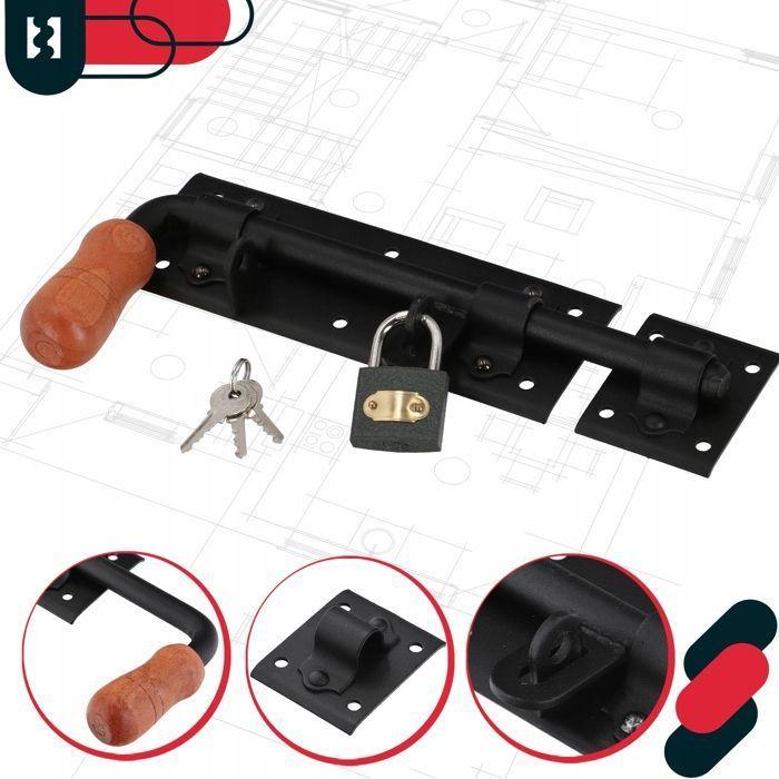 Verrou de porte - KOTARBAU - Cadenas - Acier noir - Poignée en bois - 280 mm