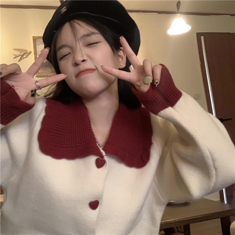 2025 Color Block Red Peter Pan Collar Knit Cardigan for Women