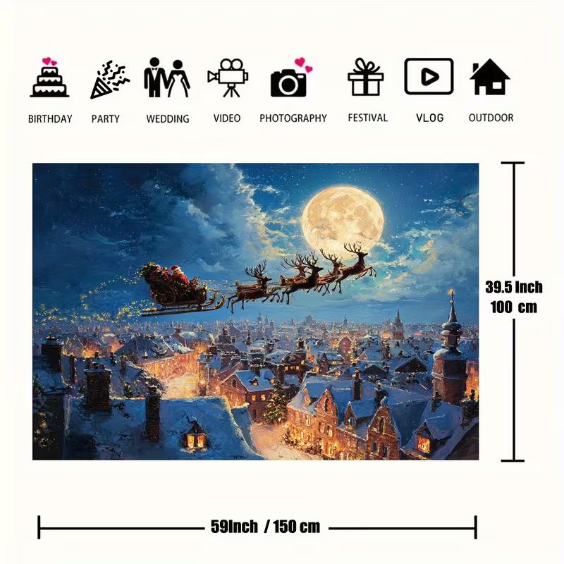 2D Christmas Night Backdrop, Santa Sleigh with Moon and City Lights Background