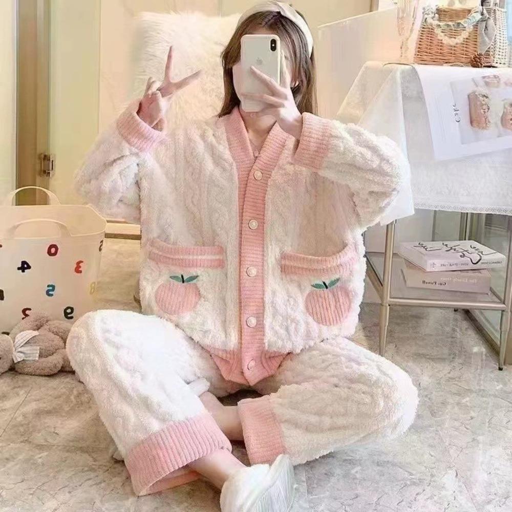 **Kadın Flanel Pijama Takımı Yuvarlak Yaka Jakarlı Uzun Peluş Kalın Sıcak Ev Giyimi**