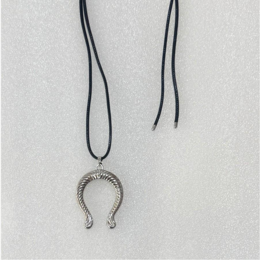 Industrial Chic Horseshoe Pendant Necklace with Black Wax Cord - Unique, Fashionable & Versatile Sweater Chain