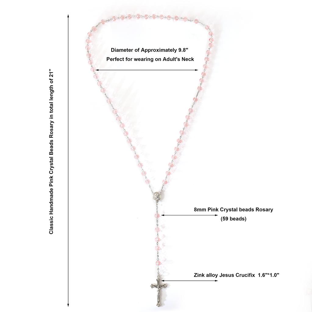 Light pink crystal bead rosary Catholic necklace with sacred earth medal and cross.