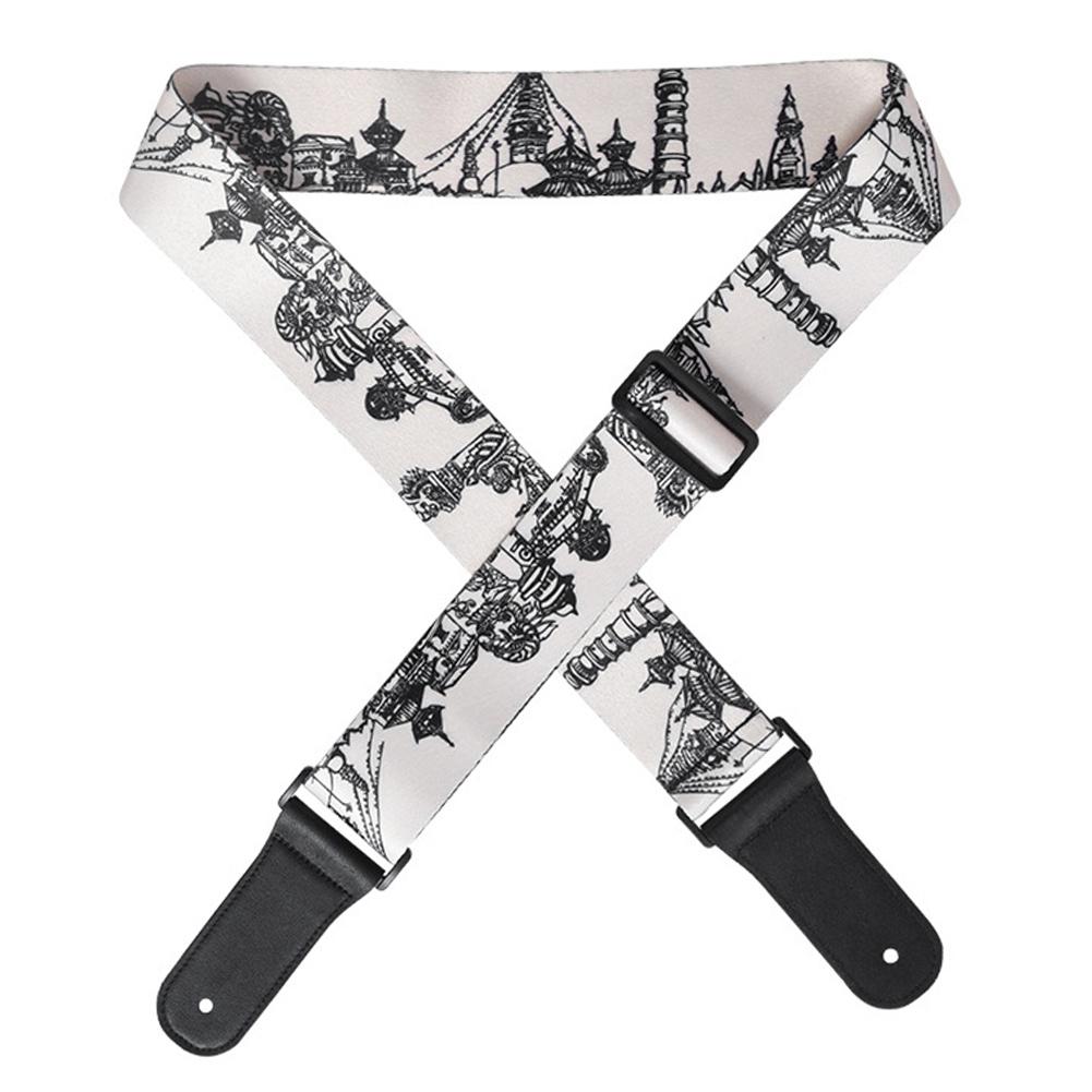 

Кожаный плечевой ремень Черный Белый с принтом Регулируемая длина Прочный для бас-гитары Фольклорной гитары