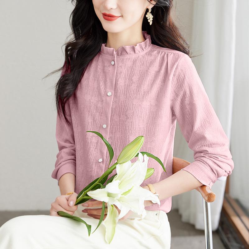 Spring New Style Black Ear-side Stand-up Collar Women's Jacquard Shirt Design Style Versatile Niche Long-sleeved Top