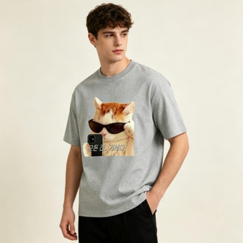 Summer Unisex Cotton Tee Funny Sunglasses Cat Graphic Round Neck Loose Harajuku Daily Casual Unisexs T Shirt