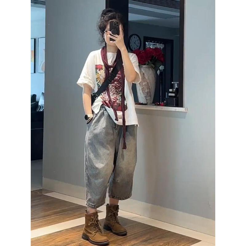 Summer Western Style Loose Printed Short-sleeved T-shirt Women's Fashion High-waisted Jeans Two-piece Suit