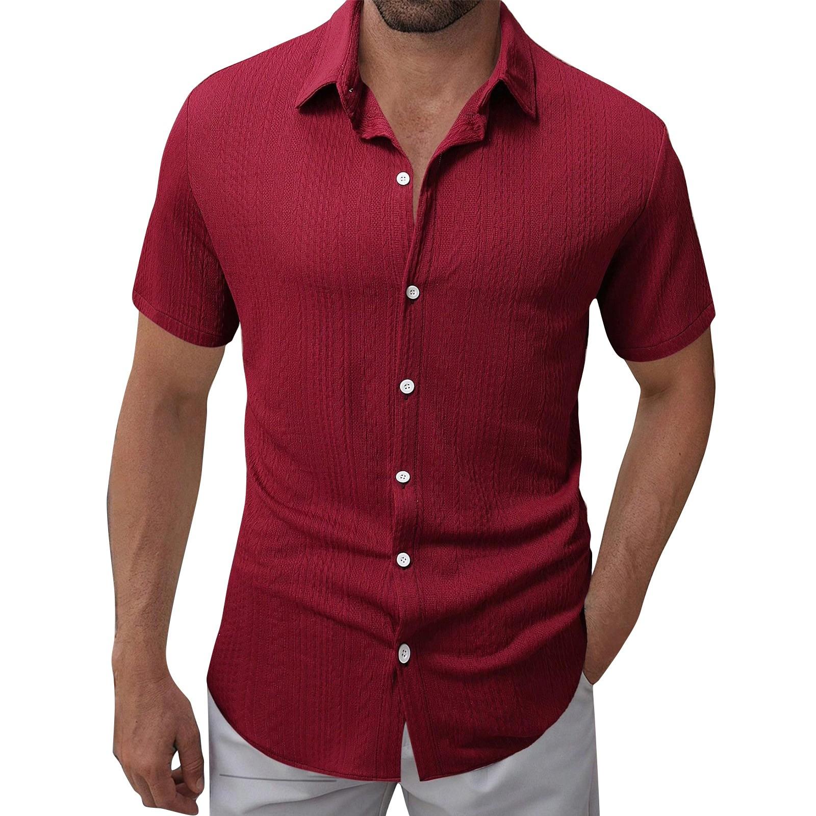

Мужская однотонная текстурированная повседневная рубашка свободного кроя с лацканами на пуговицах и короткими рукавами S винный