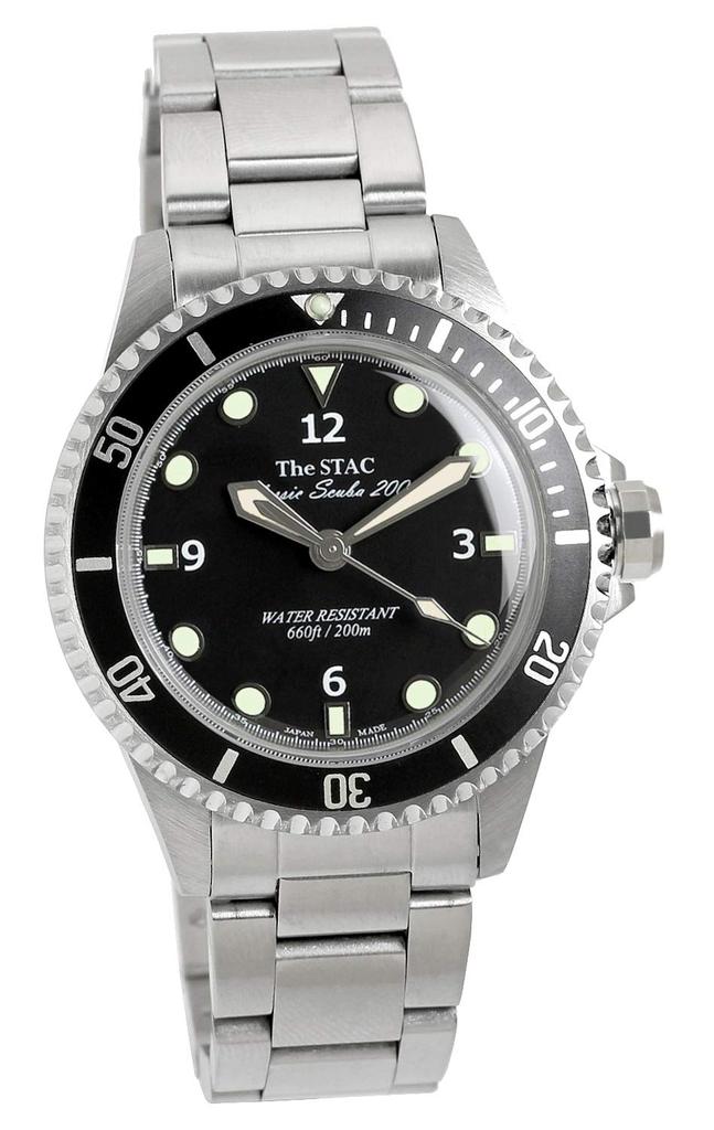 The STAC Classic Scuba 200, a Japanese-made classic diver's watch with a black sweep second hand, 38mm, for men and women.