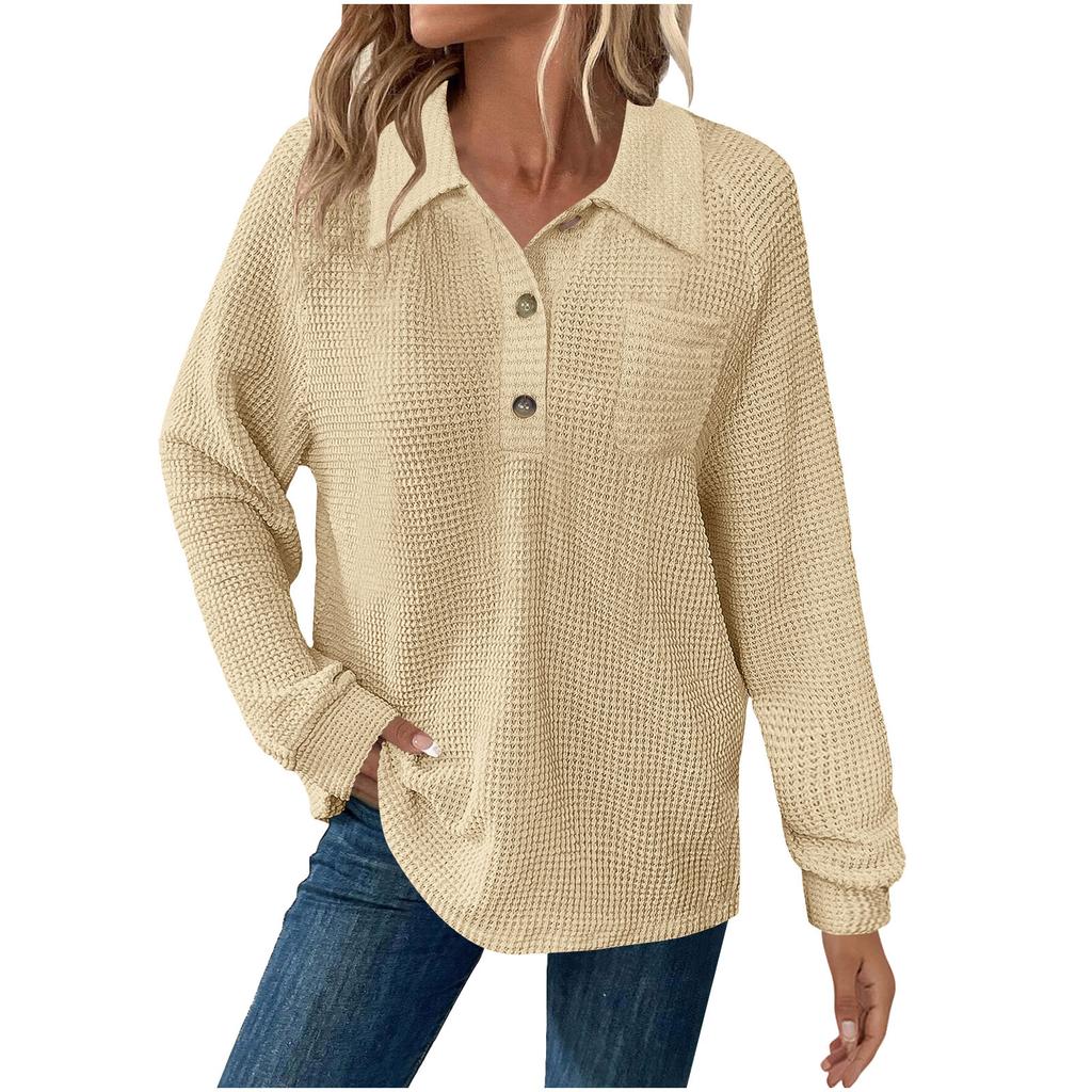 Women's Fashion Long-Sleeve Solid-Color Collared T-Shirt With Button-Up Front And Pocketed Casual Sweatshirt Top