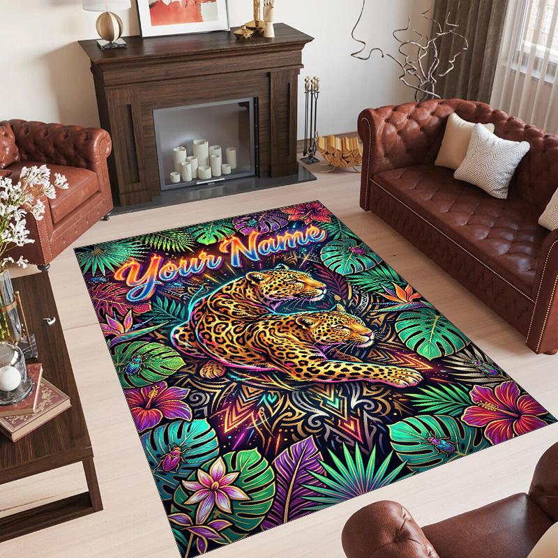Leopard Theme Crystal Velvet Floor Rug Personalized Custom Name Text Warm Carpet Home Decoration