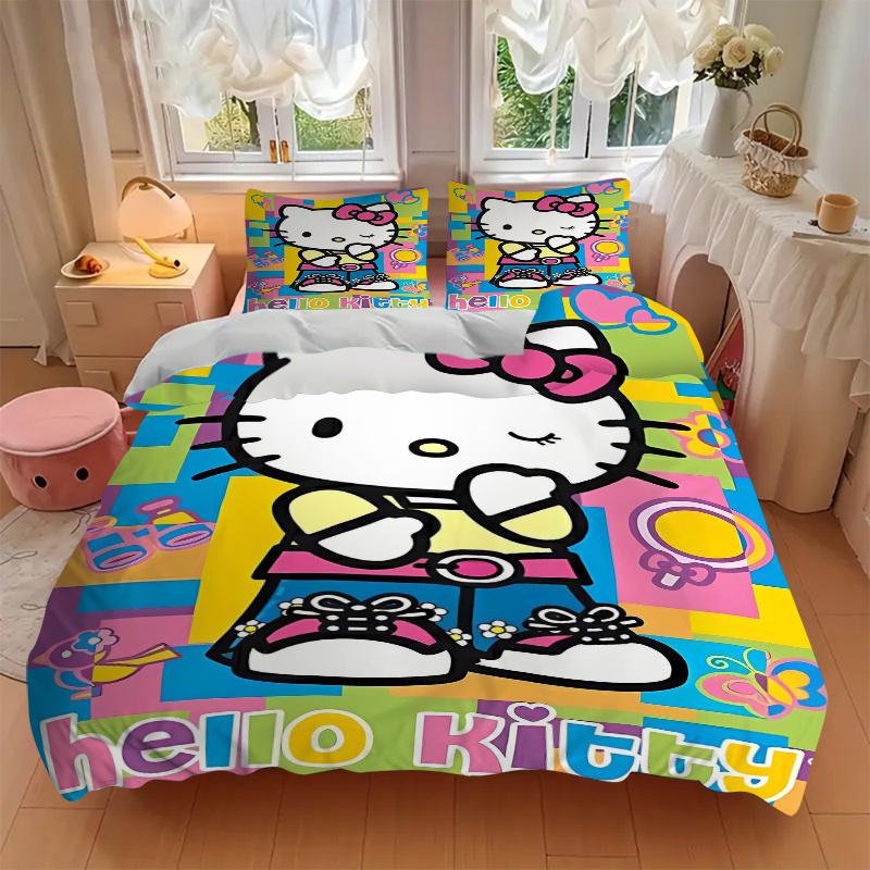 3pcs Hello Kitty In a Playful Pose Pattern Bedding Three-Piece Set (1 Cover + 2 Pillowcases, No Fillings), Soft and Comfortable S038