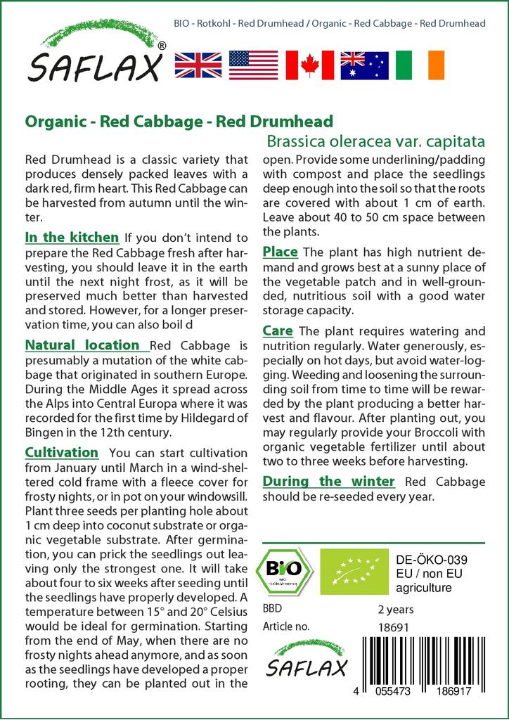 SAFLAX Garden In the Bag - Organic - Red Cabbage - Red Drumhead - 250 Seeds - With Substrate In a Fitting Stand Up Bag - Brassica Oleracea