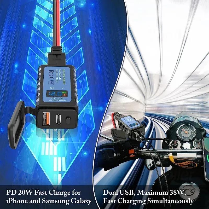 QC3.0 PD Motorcycle USB Charger Waterproof 12V Power Supply Adapter with Switch LED Voltmeter Socket Moto Phone Charger,Hot Sale