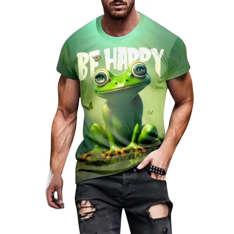 Fun 3D Frog Drinking Beer Pattern Printed Men's T-shirt Summer Casual Daily Street Short Sleeve T-shirt Super Men's Top Lightwei