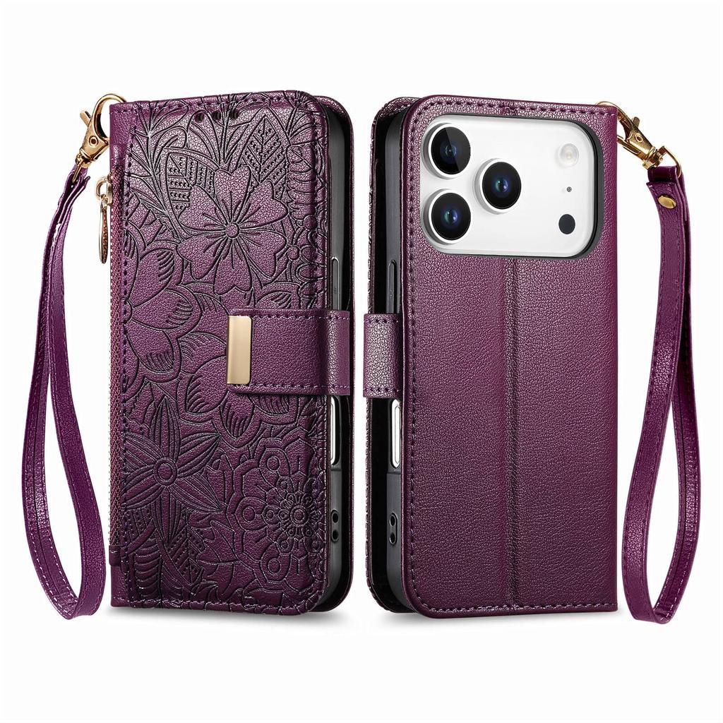 Wallet Case for iPhone 17/16e/16 Plus/15/14/13/12 Pro Max Lanyard Zipper Dual Card Holder Flip Stand Magnetic Buckle Cover