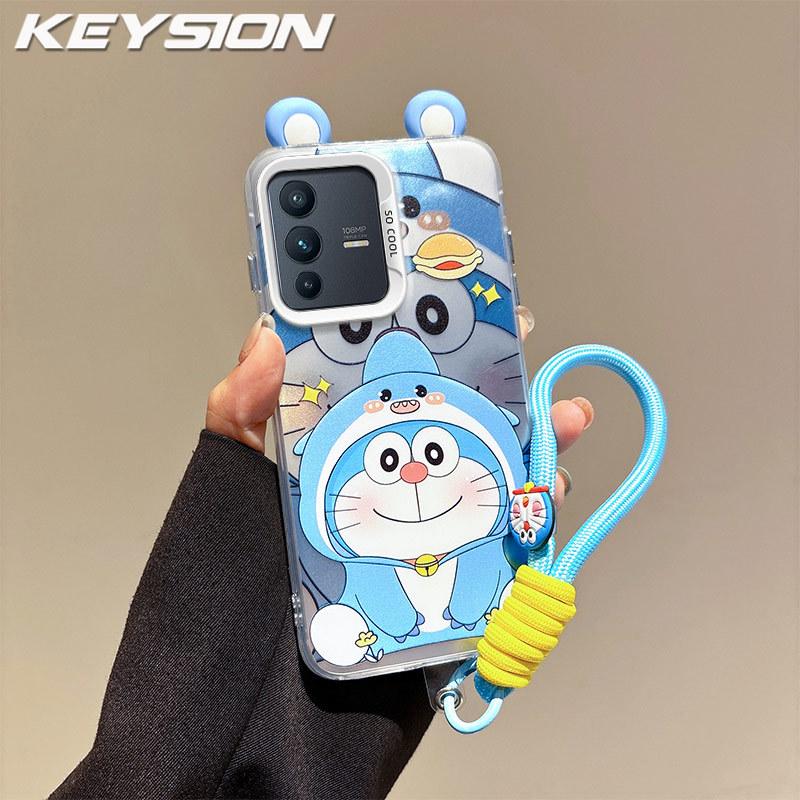 KEYSION Cute Ear Cartoon Case for VIVO V23 5G with Lanyard Soft Silicone+PC Shockproof Phone Back Cover for VIVO V23 5G