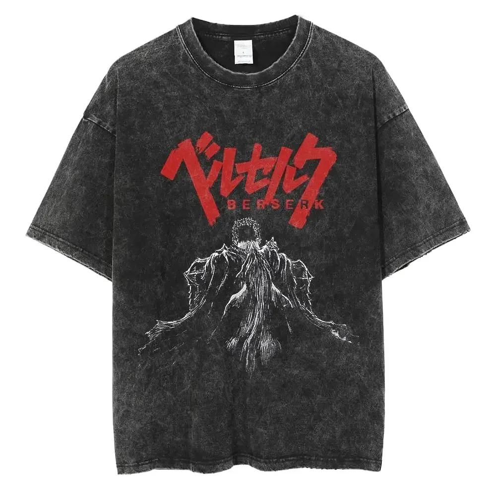 Vintage Washed Oversized Short-Sleeve T-Shirt Featuring Berserk Guts In Berserker Armor, Dragonslayer Sword and Giant Wolf Head Sketch Graphic Print
