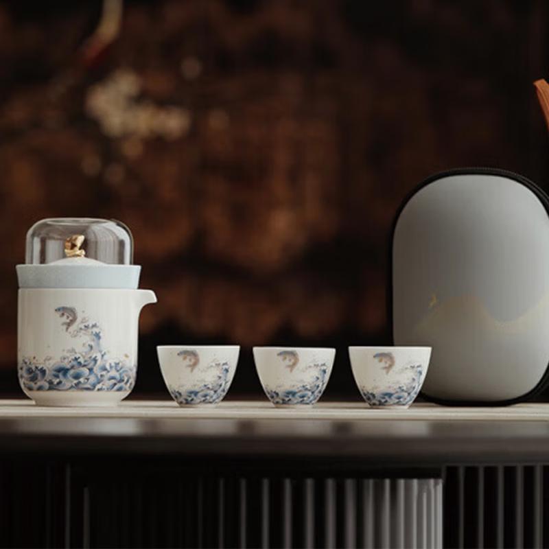 Portable Ceramic Tea Set Gift Box - Abundance Fish Design